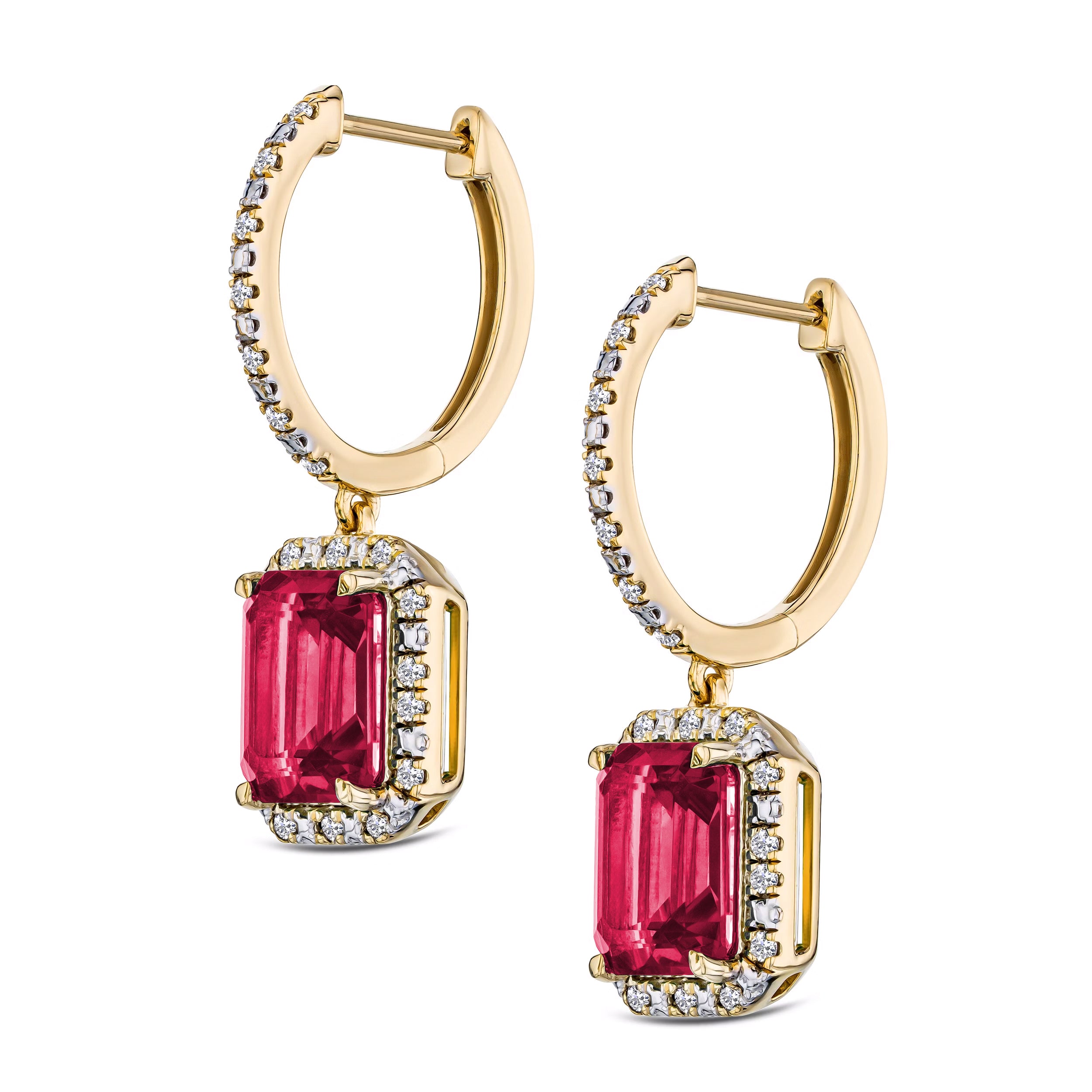 Astra 3.50ct Lab Ruby and Diamond Drop Halo Octagon Cut Earrings in 18K Gold Vermeil